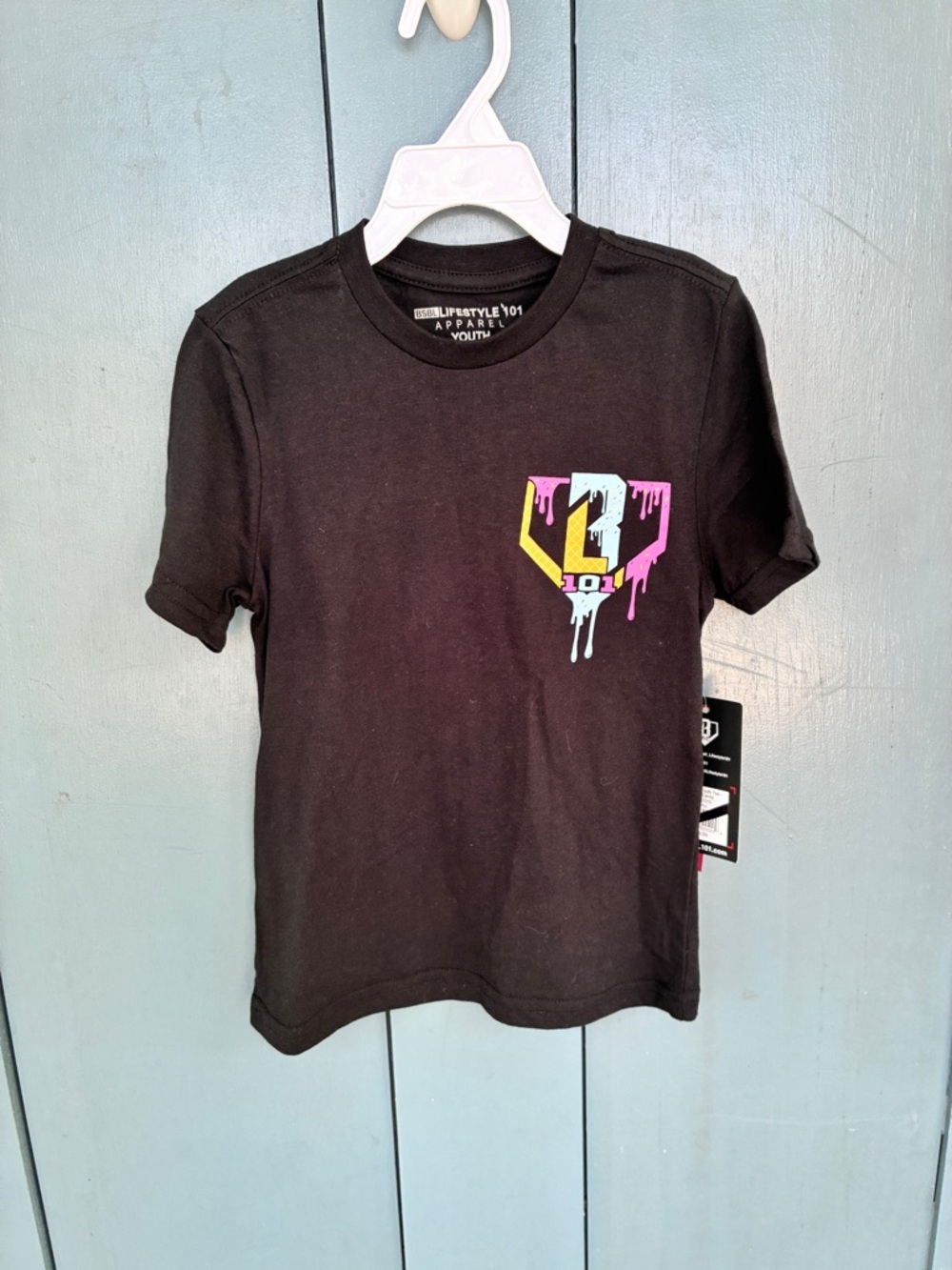 Youth Black Tee with Color Drip Chest Logo